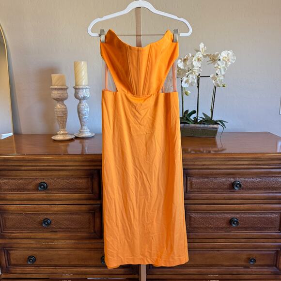NBD Leighton Midi Dress Large NWT Satin Orange Lace-Up Cutout - Picture 2 of 9